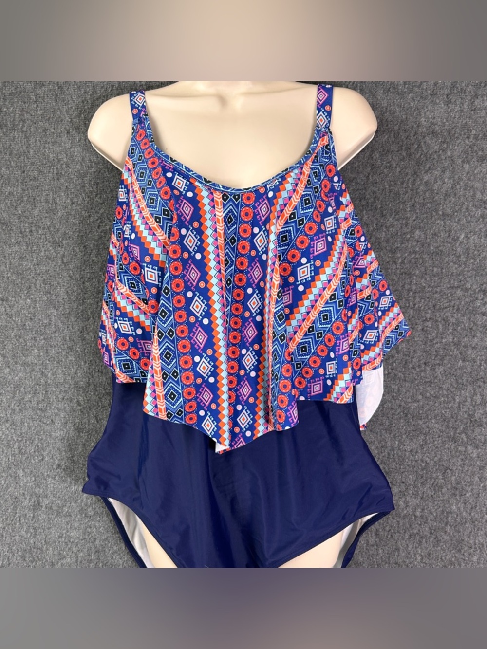 BloomChic Swimsuit Womens 22-24 Blue Geometric Ruffle Tank One Piece Plus